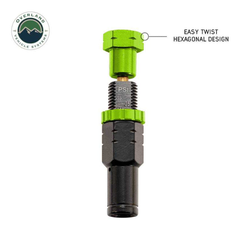 Image of a single Up Down Air tire deflator with a green hexagonal top and an adjustable threaded body showing PSI markings, labeled "EASY TWIST HEXAGONAL DESIGN", on a white background with the "Overland Vehicle Systems" logo.