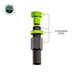 Image of a single Up Down Air tire deflator showing its four adjustable pieces, with a green top and a threaded body displaying PSI markings, on a white background with the "Overland Vehicle Systems" logo.