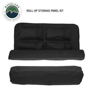 Image of OVS universal LED light kit roll-up storage panel shown open and rolled closed, black fabric organizer displayed in a front view on a white background.