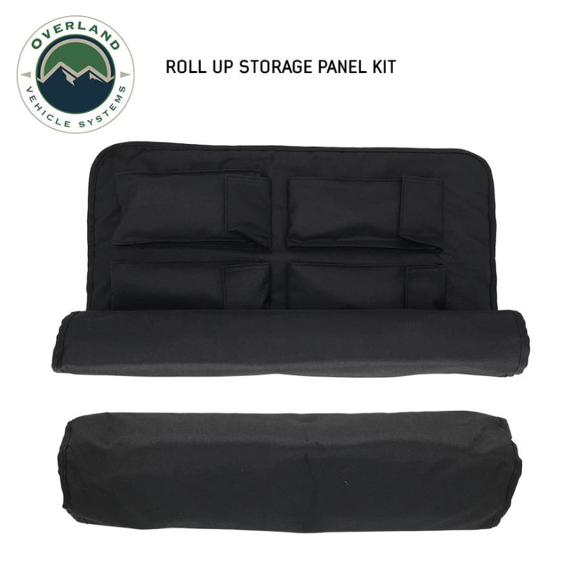 Image of OVS universal LED light kit roll-up storage panel shown open and rolled closed, black fabric organizer displayed in a front view on a white background.
