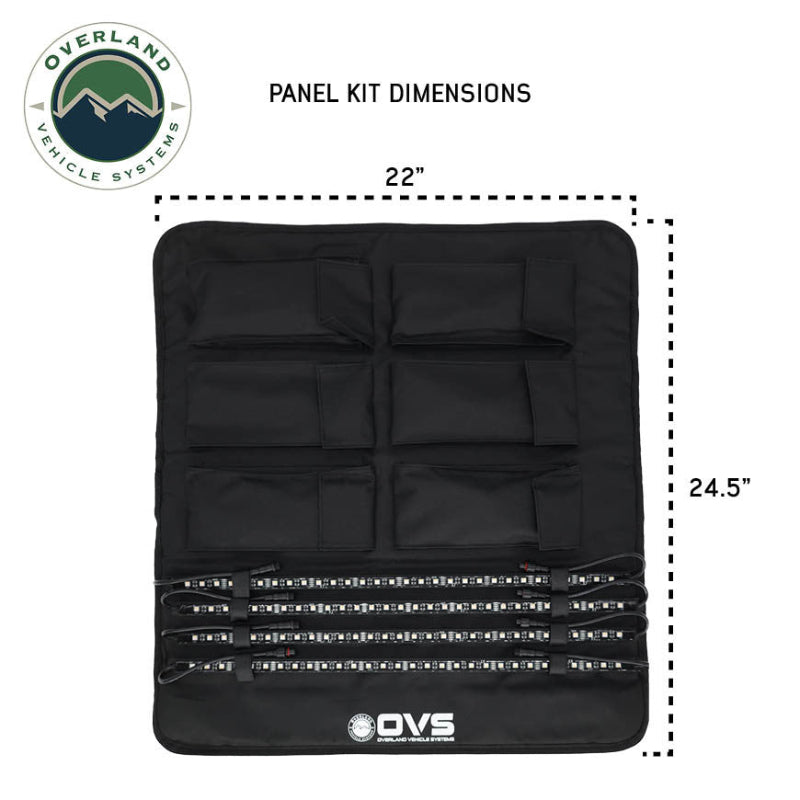 Image of OVS universal LED light kit roll-up storage panel with LED light bars and labeled dimensions, black fabric organizer shown in a front view on a white background.