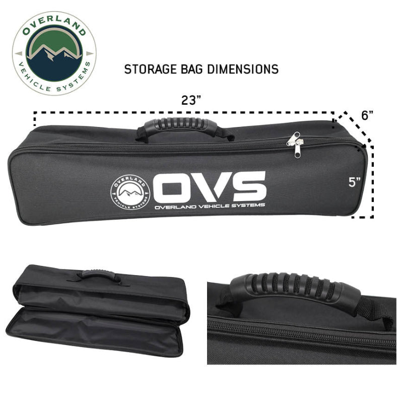 Image of OVS universal LED light kit storage bag showing labeled dimensions, zipper closure, and carry handle, black fabric bag displayed in multiple views on a white background.