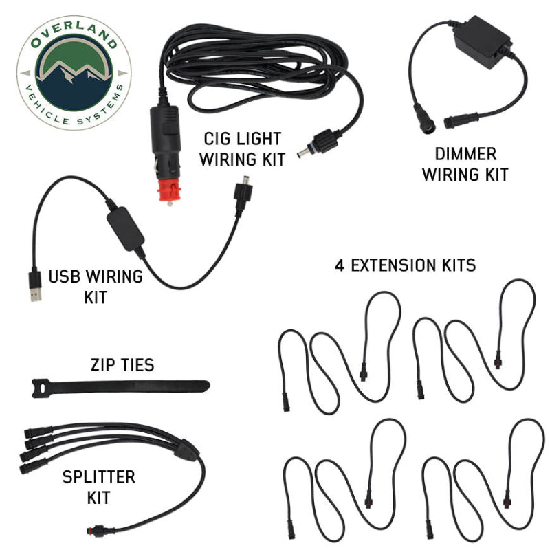 Image of OVS universal LED light kit accessories including USB and cigarette lighter wiring, dimmer, extension cables, splitter, and zip ties, arranged in a product layout on a white background.