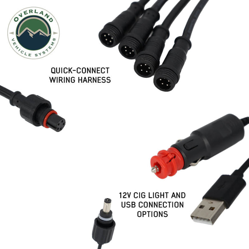 Image of OVS universal LED light kit wiring harness showing quick-connect plugs with 12V cigarette lighter and USB power options, detailed close-up view on a white background.