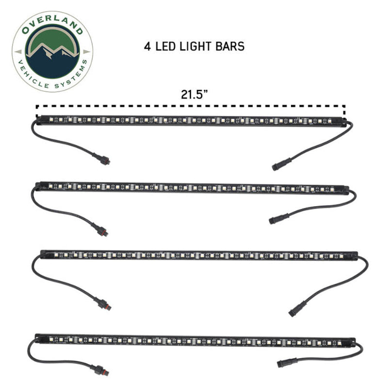 Image of OVS 4-piece universal LED light kit showing four slim LED light bars with wiring connectors, each measuring 21.5 inches, displayed in a top-down layout on a white background.