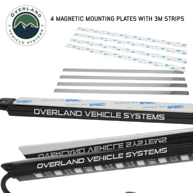 Image of OVS universal LED light kit accessories showing magnetic mounting plates with 3M adhesive strips and LED light bar detail, displayed in a product layout on a white background.
