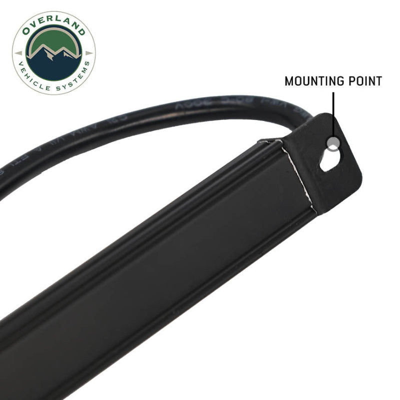 Image of OVS universal LED light bar close-up showing mounting point and wiring connector on black housing, detailed angled view on a white background.
