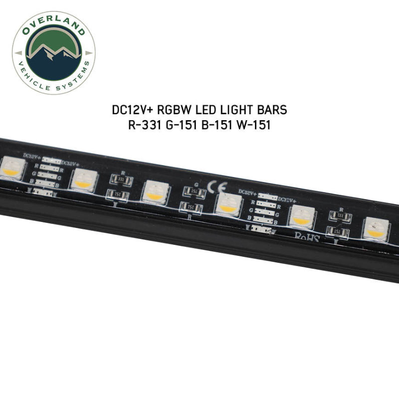 Image of OVS universal RGBW LED light bar close-up showing internal LED chips and circuitry inside black housing, detailed angled view on a white background.