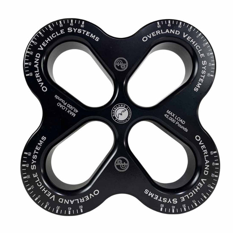 Image of OVS 4-Way R.D.L. 8-inch recovery distribution link in black aluminum finish, four symmetrical load points with engraved markings, top-down view on white background.