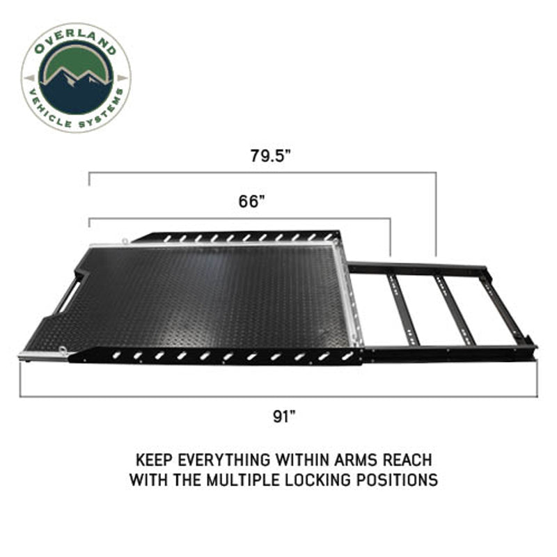 Image of Overland Vehicle Systems truck bed extension with diamond plate surface, showing dimensions (79.5", 66", 91") and a text overlay highlighting multiple locking positions to keep everything within arm's reach
