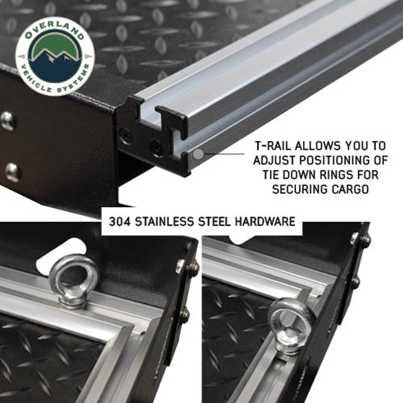 Image of Overland Vehicle Systems truck bed extension featuring T-rail system for adjusting tie-down rings, with 304 stainless steel hardware and diamond plate surface, close-up view with text highlighting features