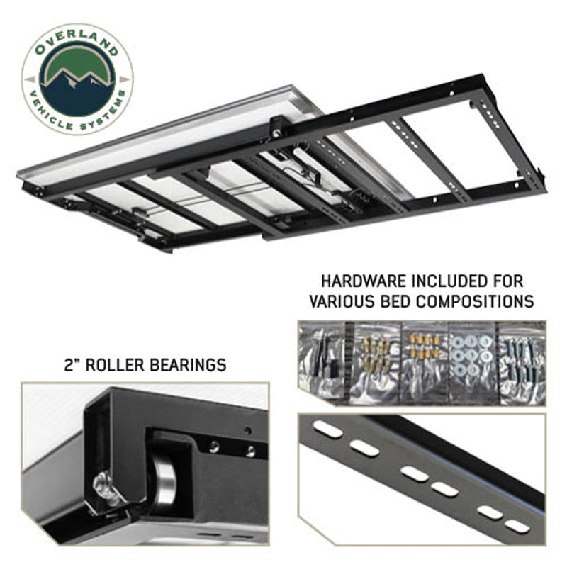 Image of Overland Vehicle Systems truck bed extension featuring 2" roller bearings, hardware included for various bed compositions, and a close-up view of the mounting components, with text highlighting key features