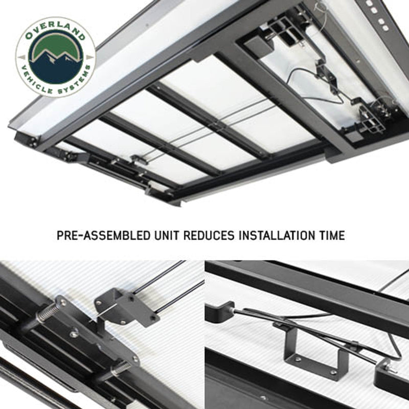 Image of Overland Vehicle Systems truck bed extension featuring a pre-assembled unit, designed to reduce installation time, with close-up views of the assembly components and text highlighting the feature