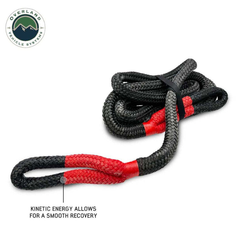Image of Overland Vehicle Systems kinetic recovery rope showing red reinforced loop and black braided synthetic rope, coiled with callout highlighting kinetic energy for smooth recovery, angled view on white background.