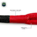 Image of Overland Vehicle Systems kinetic recovery rope close-up showing high-visibility red reinforced loop and black braided synthetic rope, labeled to work with D-rings, detailed side view on white background.