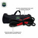 Image of Overland Vehicle Systems kinetic recovery rope with red reinforced loops and black braided synthetic rope, shown with weather-tested black storage bag and feature callouts, front angled view on white background.