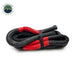 Image of Overland Vehicle Systems kinetic recovery rope with red reinforced loops and black braided synthetic rope, tightly coiled and secured with strap, front view on white background.