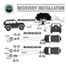 Image of Overland Vehicle Systems recovery installation diagram showing winch cable setups to change pulling direction and double or triple winch power, with labeled vehicles, tree anchors, straps, shackles, and snatch blocks on white background.