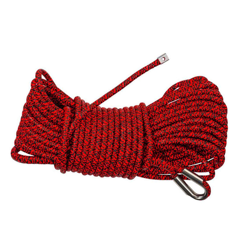 Image of Overland Vehicle Systems synthetic winch line coiled with red and black braided rope and metal hook attachment, front angled view on white background.
