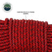 Image of Overland Vehicle Systems synthetic winch line close-up showing red and black 12-strand UHMWPE braided construction, detailed texture view on white background.