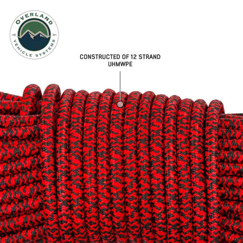 Image of Overland Vehicle Systems synthetic winch line close-up showing red and black 12-strand UHMWPE braided construction, detailed texture view on white background.