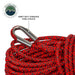 Image of Overland Vehicle Systems synthetic winch line close-up featuring red and black braided rope with heavy-duty stainless steel eyelet, detailed angled view on white background.