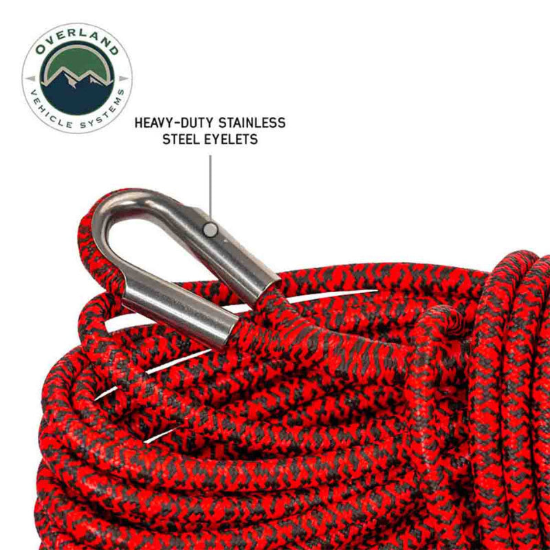 Image of Overland Vehicle Systems synthetic winch line close-up featuring red and black braided rope with heavy-duty stainless steel eyelet, detailed angled view on white background.