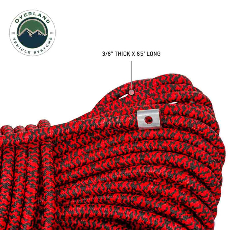 Image of Overland Vehicle Systems synthetic winch line close-up showing red and black braided rope labeled 3/8-inch thick and 85-foot length, detailed texture view on white background.