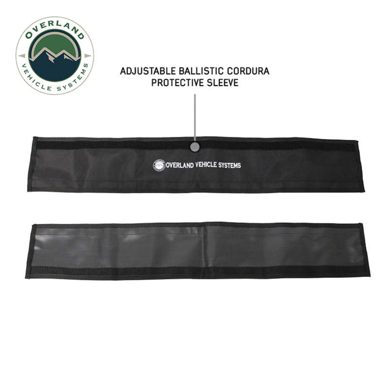 Image of Overland Vehicle Systems adjustable ballistic Cordura protective sleeve for synthetic winch line, black fabric sleeve shown laid flat in front and rear view on white background.