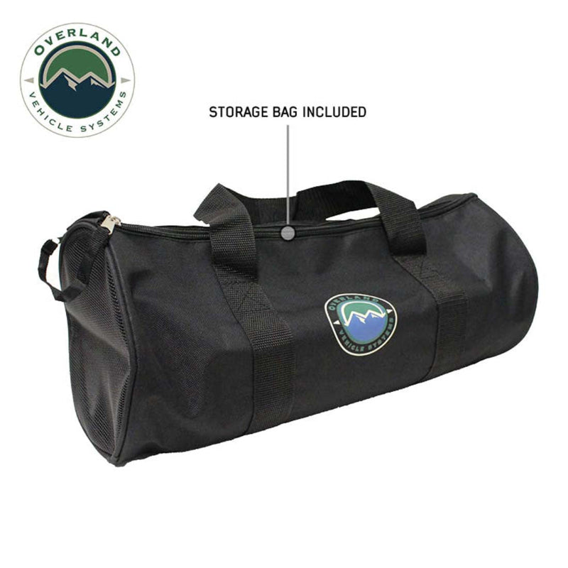 Image of Overland Vehicle Systems black storage bag with carry handles included for synthetic winch line, cylindrical zippered bag shown in angled front view on white background.