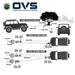 Image of OVS vehicle recovery diagram illustrating winch cable setups with tow strap, tree strap, D-ring shackles, and snatch block to change pulling direction and double or triple winch power on white background.