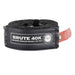 Image of OVS Brute 40K recovery tow strap rolled and secured, black padded protective sleeve with gray synthetic webbing and branded label, straight-on front view on white background.