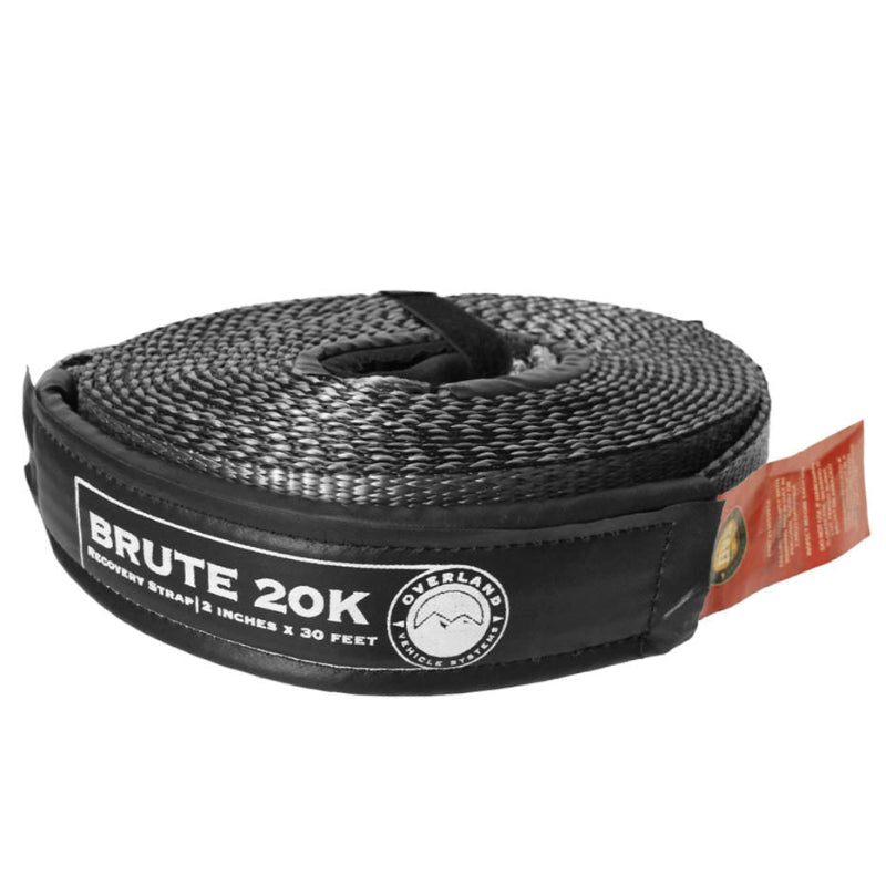 Image of OVS Brute Recovery Tow Strap coiled with padded protective sleeve and reinforced loop, black and gray woven strap displayed on a white background.