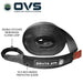 Image of OVS Brute Recovery Tow Strap partially unrolled with double-stitched reinforced loop and padded protective sleeve, gray and black woven strap shown at an angled view on a white background.