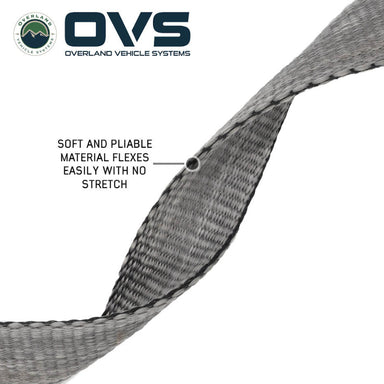 Image of OVS Brute Recovery Tow Strap close-up showing soft, pliable gray synthetic webbing that flexes easily with no stretch, detailed texture view on a white background.