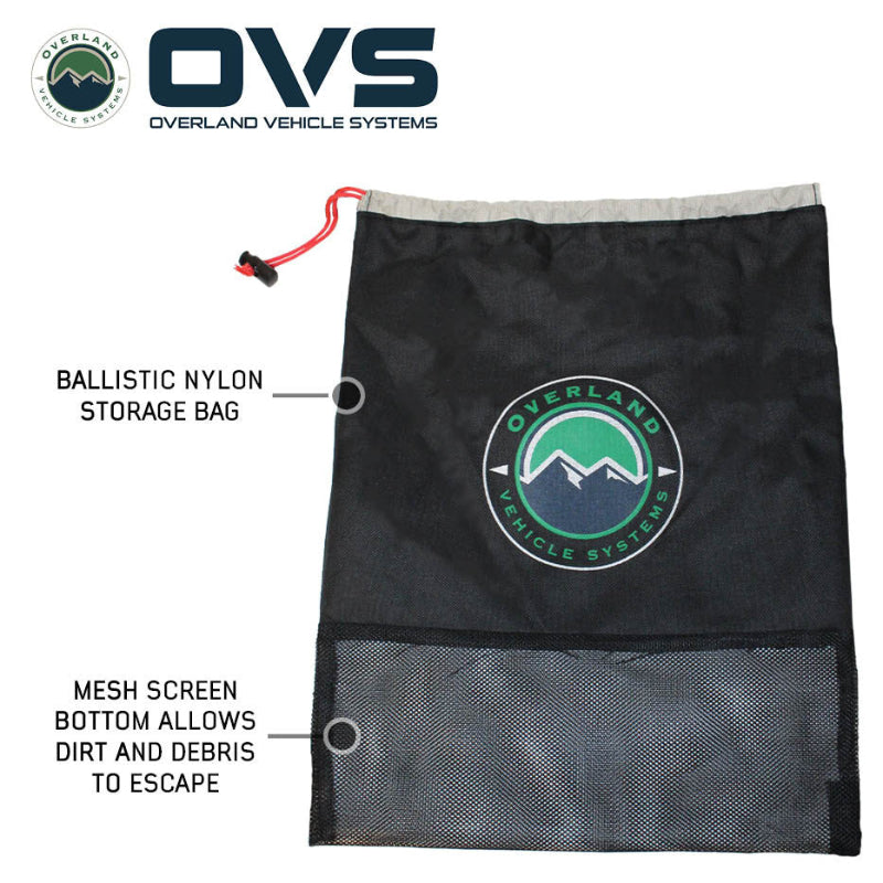 Image of OVS Brute Recovery Tow Strap ballistic nylon storage bag with drawstring closure and mesh bottom panel, front view on a white background.