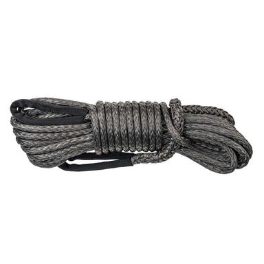 Image of coiled synthetic winch line extension in dark gray braided rope with protective sleeve, neatly bundled and shown in side view on white background.