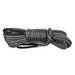 Image of coiled synthetic winch line extension in dark gray braided rope with protective sleeve, neatly bundled and shown in side view on white background.