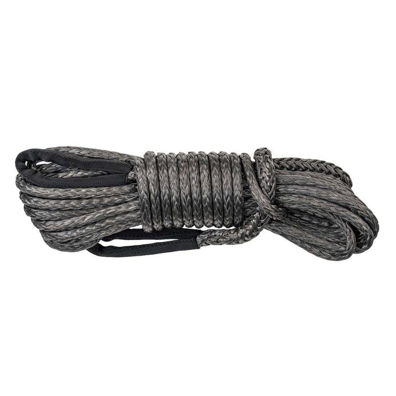 Image of coiled synthetic winch line extension in dark gray braided rope with protective sleeve, neatly bundled and shown in side view on white background.
