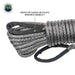 Image of synthetic winch line extension with reinforced eyelets and black protective sleeves on braided gray rope, close-up side view on white background.