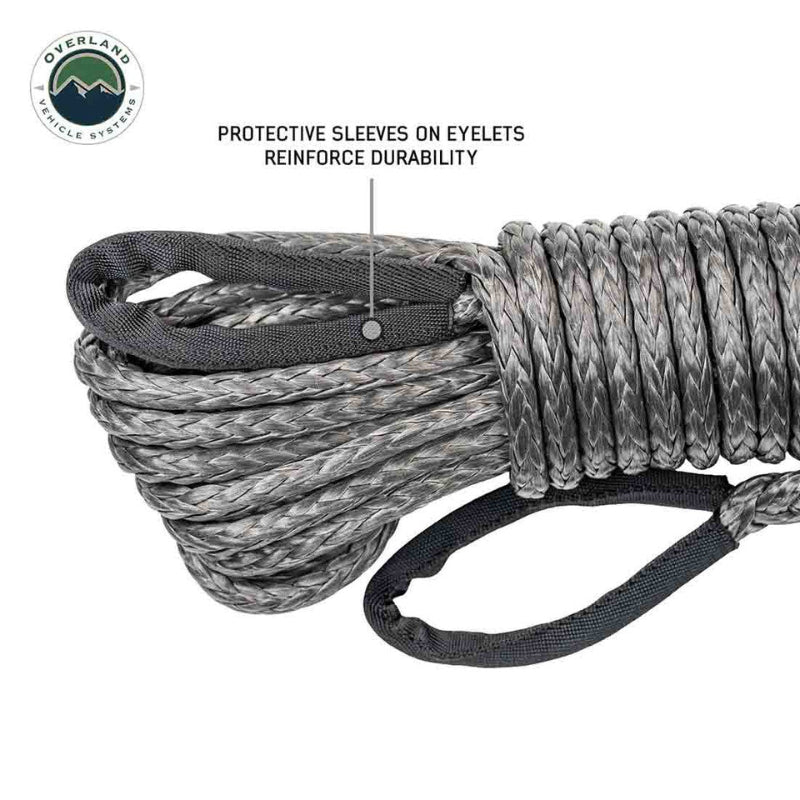 Image of synthetic winch line extension with reinforced eyelets and black protective sleeves on braided gray rope, close-up side view on white background.