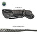 Image of synthetic winch line extension rolled and unrolled showing compact 18-inch storage size and 50-foot extended length, braided gray rope with protective sleeves on white background.