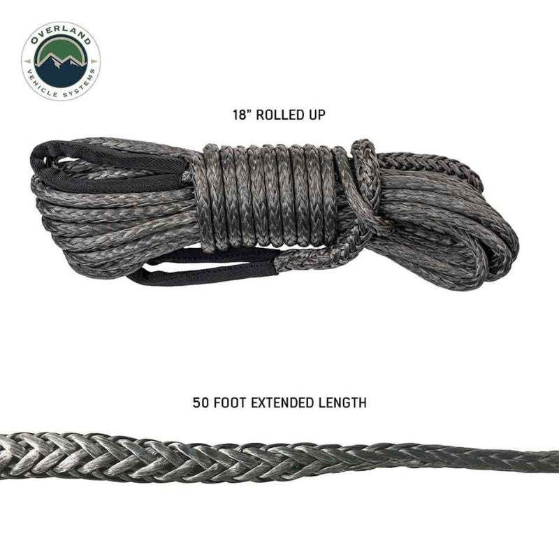 Image of synthetic winch line extension rolled and unrolled showing compact 18-inch storage size and 50-foot extended length, braided gray rope with protective sleeves on white background.
