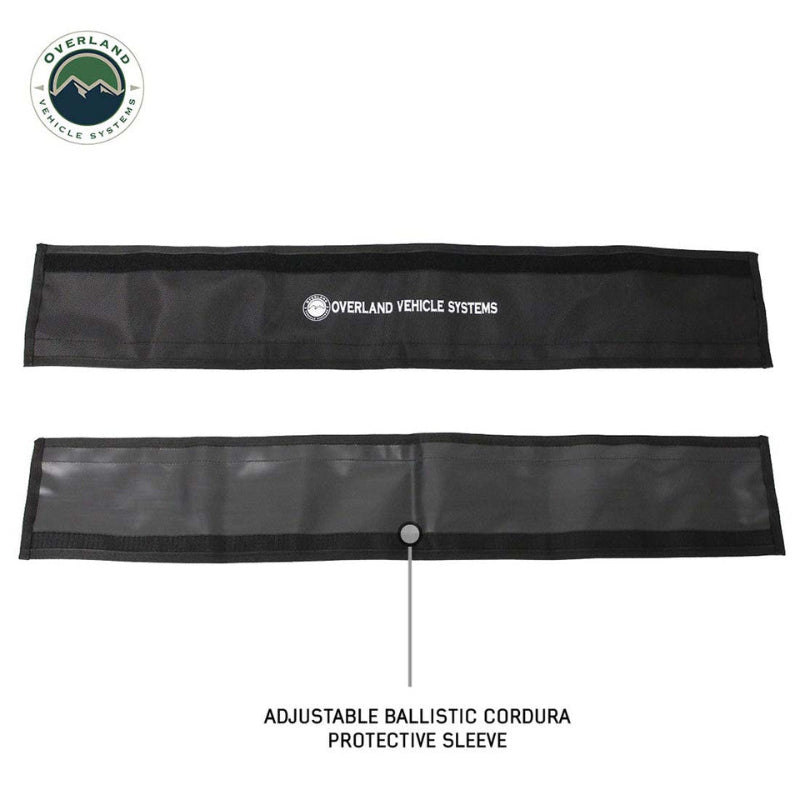 Image of adjustable ballistic Cordura protective sleeve for winch lines laid flat, black fabric with Overland Vehicle Systems logo, top and underside views on white background.