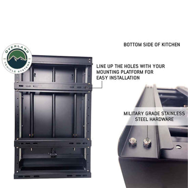Image showcasing the bottom side of the camp kitchen cargo box, highlighting the mounting holes for easy installation on a mounting platform. An inset image shows the durable military-grade stainless steel hardware used in the construction