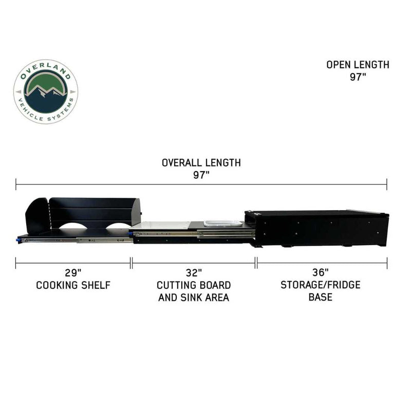 Image providing dimensions for the camp kitchen cargo box, showing an overall open length of 97 inches. The labeled sections include a 29-inch cooking shelf, a 32-inch cutting board and sink area, and a 36-inch storage/fridge base