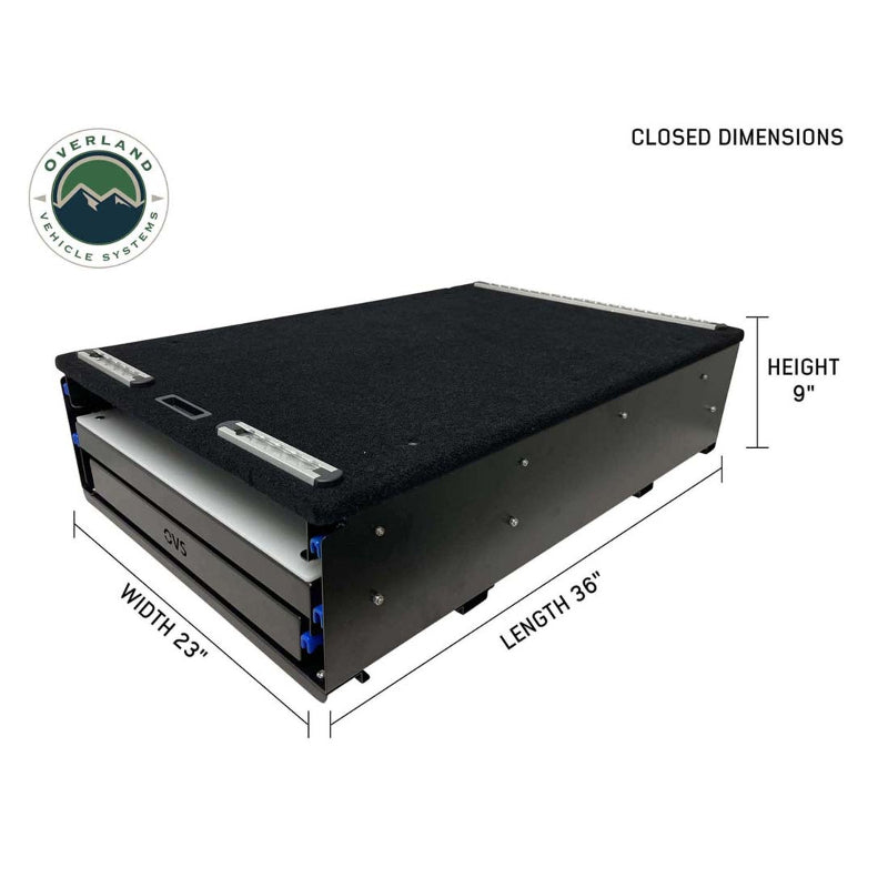 Image showcasing the closed dimensions of the camp kitchen cargo box, which is a black box with a carpeted top. The labeled measurements are 9 inches in height, 23 inches in width, and 36 inches in length