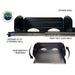 Image highlighting the features of the camp kitchen cargo box's cooking shelf, including the heavy-duty slide rails and the reversible wind barrier. The shelf is designed with two cutouts to fit a portable grill