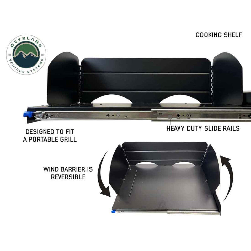 Image highlighting the features of the camp kitchen cargo box's cooking shelf, including the heavy-duty slide rails and the reversible wind barrier. The shelf is designed with two cutouts to fit a portable grill