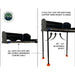 Image highlighting the adjustable support legs of the camp kitchen cargo box. The legs fold out from underneath the cooking shelf and have an adjustable height of 26 to 43 inches, with orange bases for stability